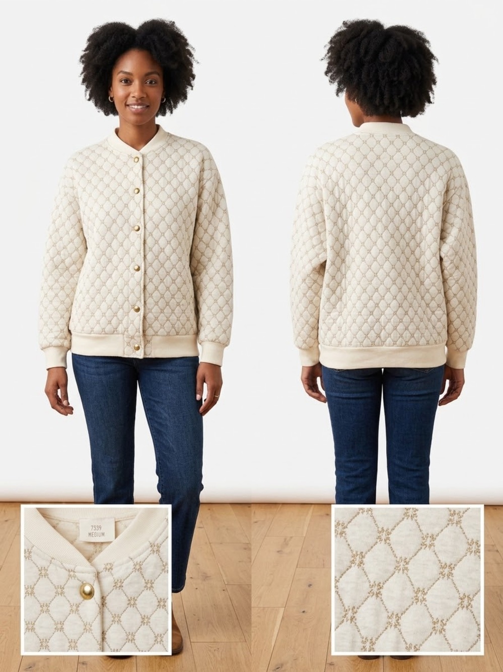 VTG Cream Quilted Diamond-Print Bomber Jacket